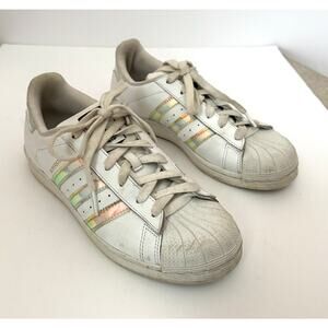 Adidas White Superstar Sneakers, Iridescent Accents, Women’s Size 5.5